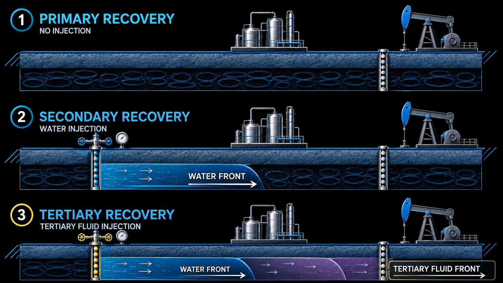 Primary, secondary, and tertiary recovery process diagram on dark background